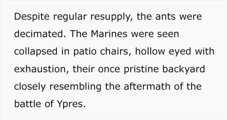 handwriting - Despite regular resupply, the ants were decimated. The Marines were seen collapsed in patio chairs, hollow eyed with exhaustion, their once pristine backyard closely resembling the aftermath of the battle of Ypres.