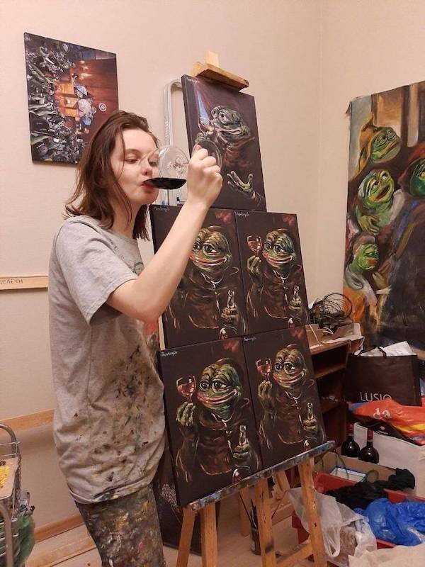 funny pics and memes - woman standing next to paintings of pepe the frog meme