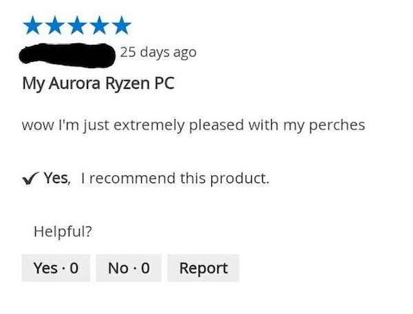 number - 25 days ago My Aurora Ryzen Pc wow I'm just extremely pleased with my perches Yes, I recommend this product. Helpful? Yes. 0 No. 0 Report