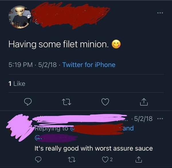 screenshot - Having some filet minion. . 5218 Twitter for iPhone 1 27 ... 5218 and Repiying to a It's really good with worst assure sauce 2