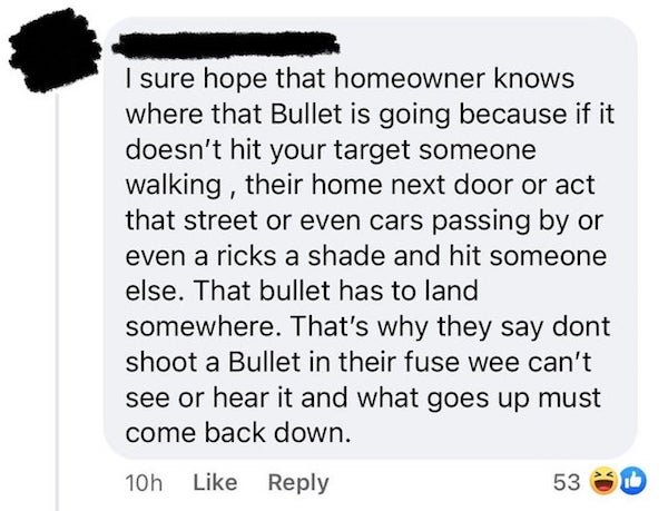 paper - I sure hope that homeowner knows where that Bullet is going because if it doesn't hit your target someone walking, their home next door or act that street or even cars passing by or even a ricks a shade and hit someone else. That bullet has to lan