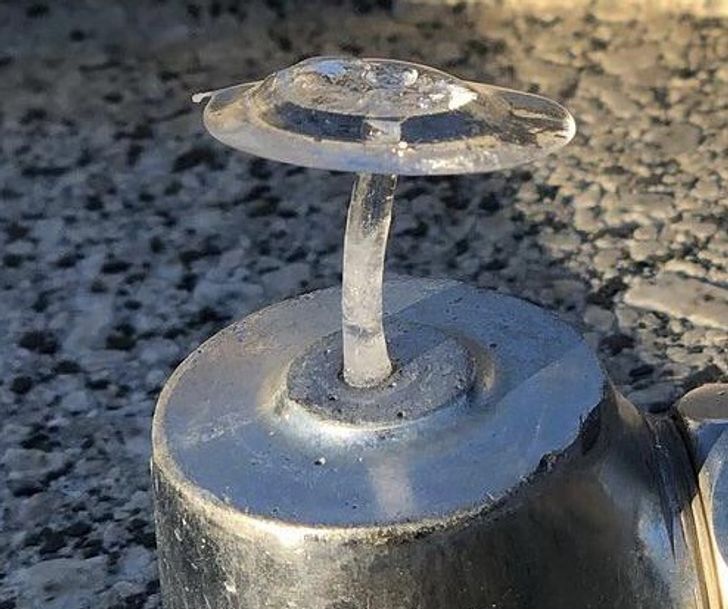 “The frozen water coming out of this drinking fountain looks like an ice mushroom.”