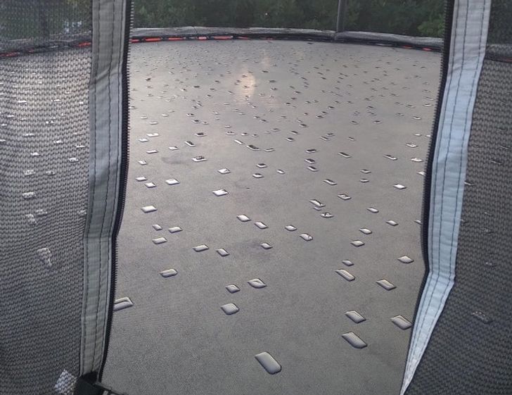 Dew formed on a trampoline in little squares.