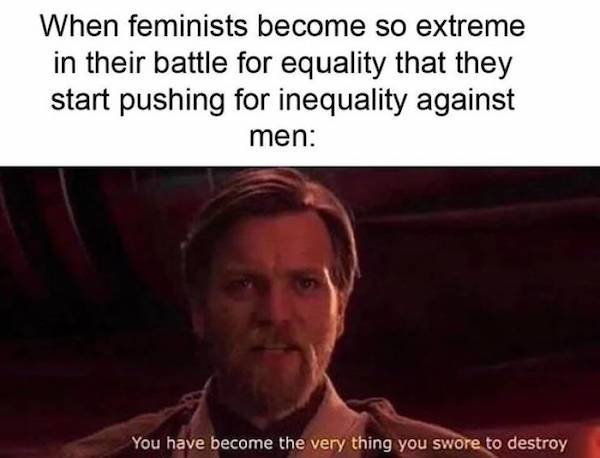 gen z as parents meme - When feminists become so extreme in their battle for equality that they start pushing for inequality against men You have become the very thing you swore to destroy