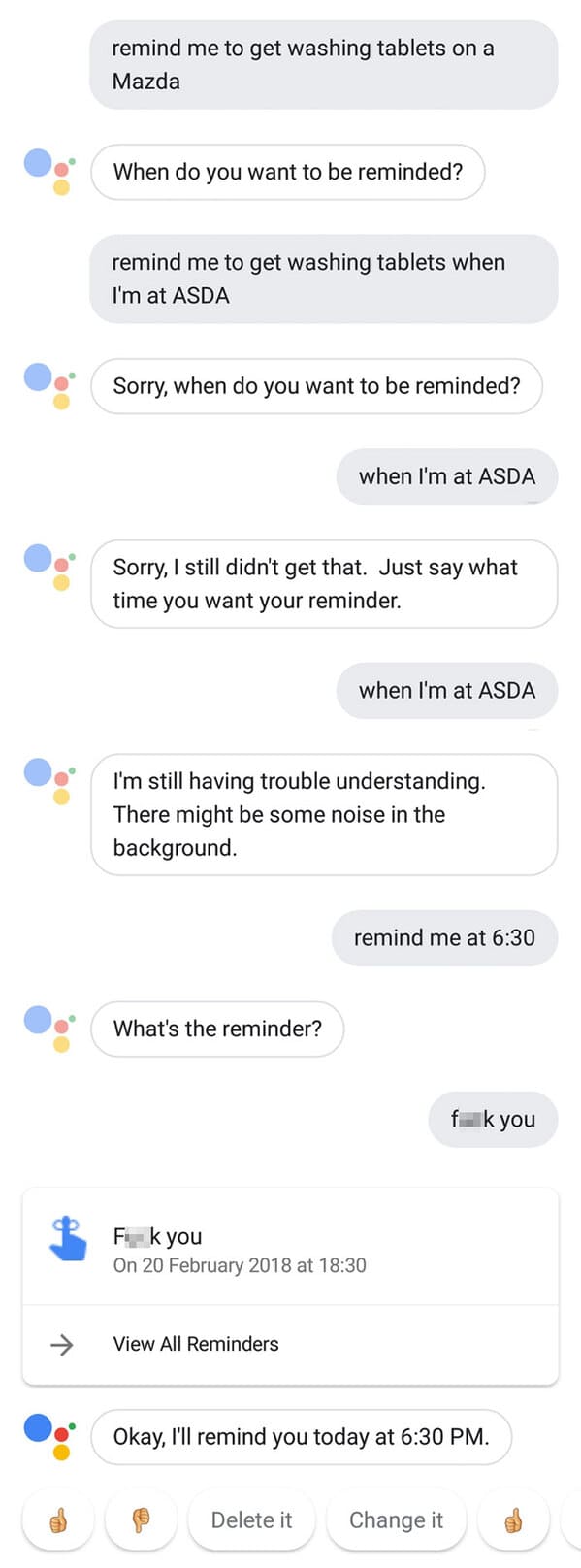 funny computer glitch reddit - remind me to get washing tablets on a Mazda When do you want to be reminded? remind me to get washing tablets when I'm at Asda Sorry, when do you want to be reminded? when I'm at Asda Sorry, I still didn't get that. Just say