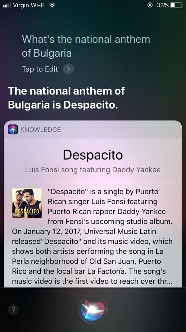 national anthem of bulgaria despacito - . Virgin WiFi 33% What's the national anthem of Bulgaria Tap to Edit The national anthem of Bulgaria is Despacito. Knowledge Despacito Luis Fonsi song featuring Daddy Yankee "Despacito" is a single by Puerto Rican s