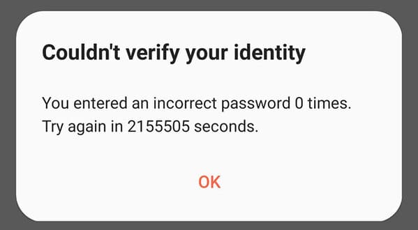 funny software glitches - Couldn't verify your identity You entered an incorrect password 0 times. Try again in 2155505 seconds. Ok
