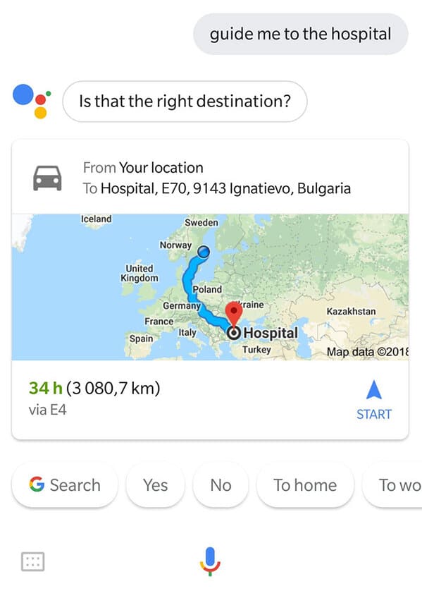 screenshot - guide me to the hospital Is that the right destination? From Your location To Hospital, E70,9143 Ignatievo, Bulgaria Iceland Sweden Norway United Kingdom Poland Germany France Italy Spain kraine Kazakhstan O Hospital Turkey Map data 2018 34 h