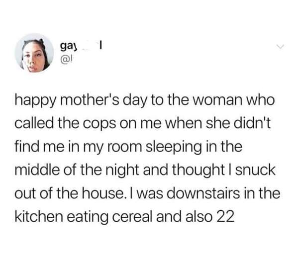 head - 1 gay @ happy mother's day to the woman who called the cops on me when she didn't find me in my room sleeping in the middle of the night and thought I snuck out of the house. I was downstairs in the kitchen eating cereal and also 22