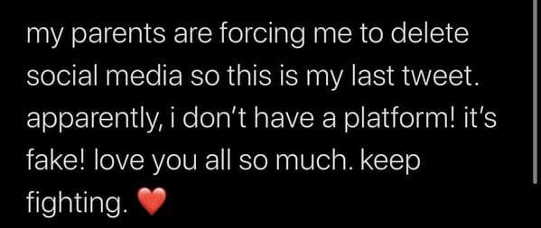 love - my parents are forcing me to delete social media so this is my last tweet. apparently, i don't have a platform! it's fake! love you all so much. keep fighting.