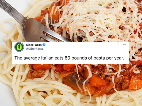cool facts - The average Italian eats 60 pounds of pasta per year.