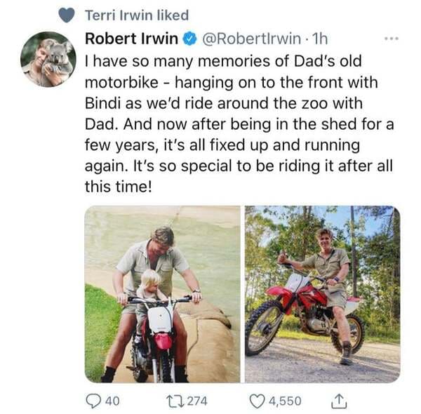 cycling - Terri Irwin d Robert Irwin . 1h I have so many memories of Dad's old motorbike hanging on to the front with Bindi as we'd ride around the zoo with Dad. And now after being in the shed for a few years, it's all fixed up and running again. It's so
