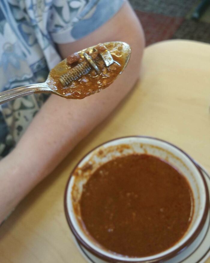 Wtf....a Bolt Was Found In A Bowl Of Chilli. Fairfax Frisch's