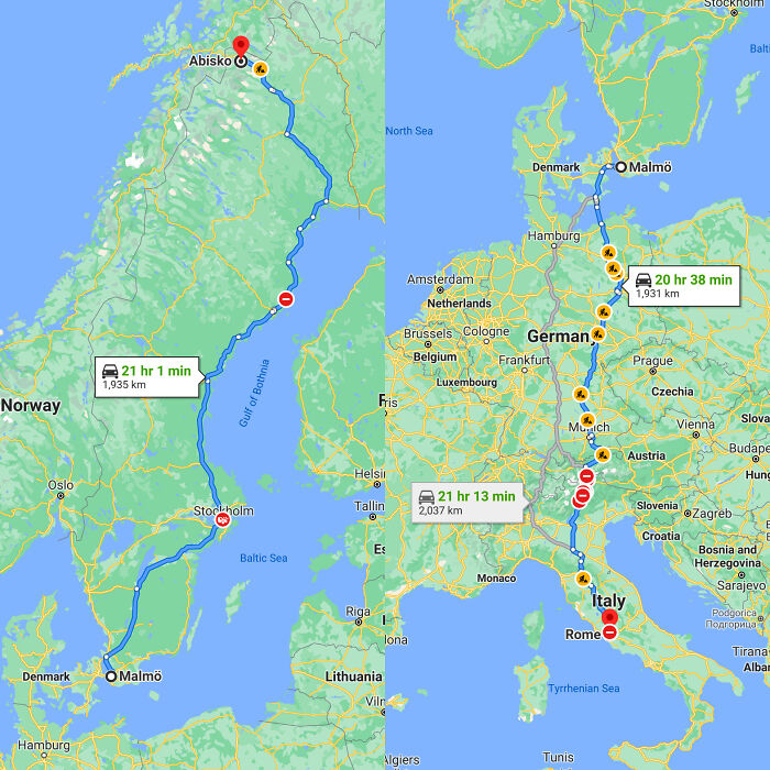 It Would Be Longer To Drive From Malmö To Abisko, Both In Sweden, Than To Drive From Malmö To Rome Through Five Countries