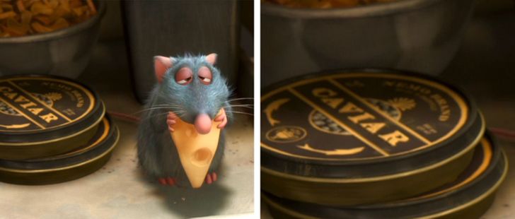 The pantry in Gusteau’s in Ratatouille (2007) stocks a few cans of Nemo brand caviar. This is probably a reference to Finding Nemo that Pixar also made.