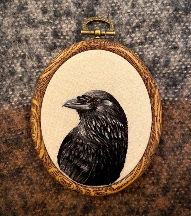 “40 hours and a whole lot of cotton thread later, my crow is finally complete! It ended up looking a bit more like a raven, but this was by far the hardest embroidery I’ve ever done, so I’m pretty happy with how it turned out.”