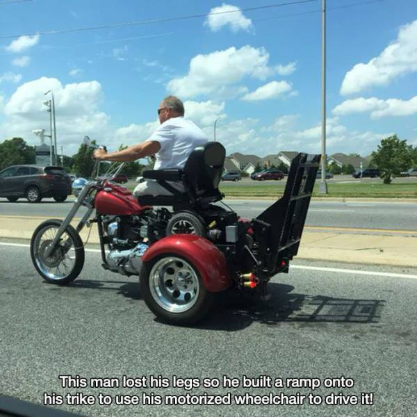 Wheelchair - This man lost his legs so he built a ramp onto his trike to use his motorized wheelchair to drive it!