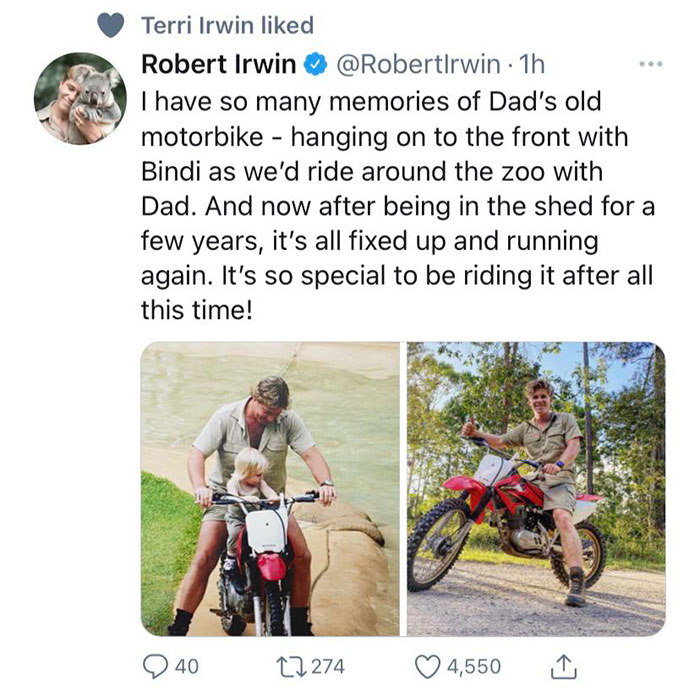 cycling - Terri Irwin d Robert Irwin 1h I have so many memories of Dad's old motorbike hanging on to the front with Bindi as we'd ride around the zoo with Dad. And now after being in the shed for a few years, it's all fixed up and running again. It's so s