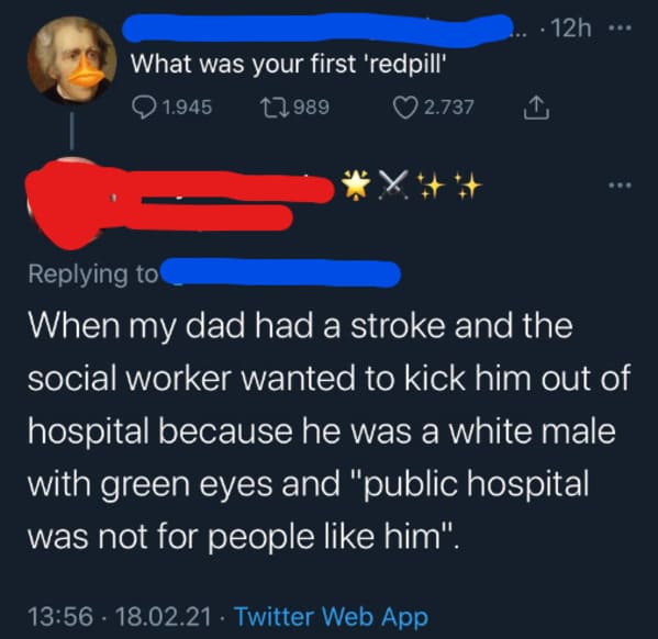 presentation - 12h What was your first 'redpill' 1.945 12989 2.737 When my dad had a stroke and the social worker wanted to kick him out of hospital because he was a white male with green eyes and public hospital was not for people him". 18.02.21 Twitter 