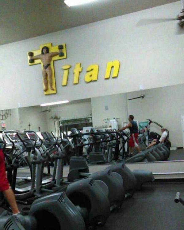 funny pics - swole jesus titan crucifix sign in gym