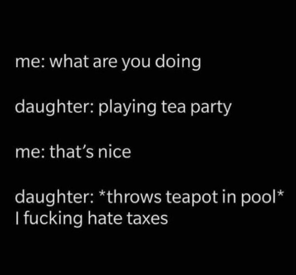 atmosphere - me what are you doing daughter playing tea party me that's nice daughter throws teapot in pool I fucking hate taxes