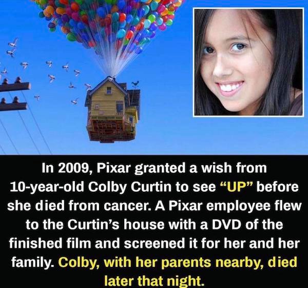 presentation - In 2009, Pixar granted a wish from 10yearold Colby Curtin to see Up before she died from cancer. A Pixar employee flew to the Curtin's house with a Dvd of the finished film and screened it for her and her family. Colby, with her parents nea