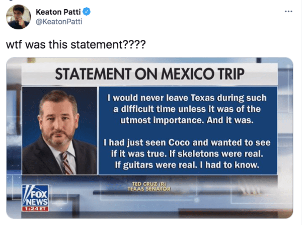 software - ... Keaton Patti wtf was this statement???? Statement On Mexico Trip I would never leave Texas during such a difficult time unless it was of the utmost importance. And it was. I had just seen Coco and wanted to see if it was true. If skeletons 