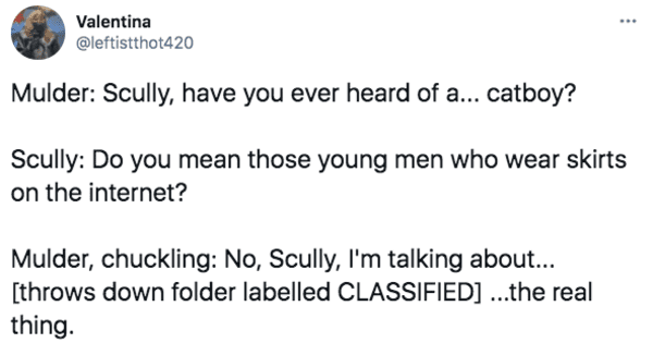 document - Valentina Mulder Scully, have you ever heard of a... catboy? Scully Do you mean those young men who wear skirts on the internet? Mulder, chuckling No, Scully, I'm talking about... throws down folder labelled Classified ...the real thing.