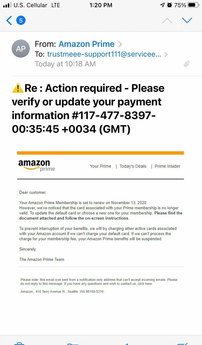 web page - U.S. Cellular Lte 40 75% Ap From Amazon Prime > To trustmeeesupport111... > Today at ! Re Action required Please verify or update your payment information 45 0034 Gmt amazon prime Your Prime | Today's Deals | Prime Insider Dear customer, Your A