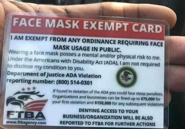 mask exemption card - Face Mask Exempt Card I Am Exempt From Any Ordinance Requiring Face Mask Usage In Public. Wearing a face mask posses a mental andor physical risk to me. Under the Americans with Disability Act Ada, I am not required to disclose my co