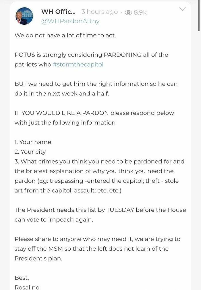 parler pardon - Wh Offic... 3 hours ago. We do not have a lot of time to act. Potus is strongly considering Pardoning all of the patriots who But We need to get him the right information so he can do it in the next week and a half. If You Would A Pardon p