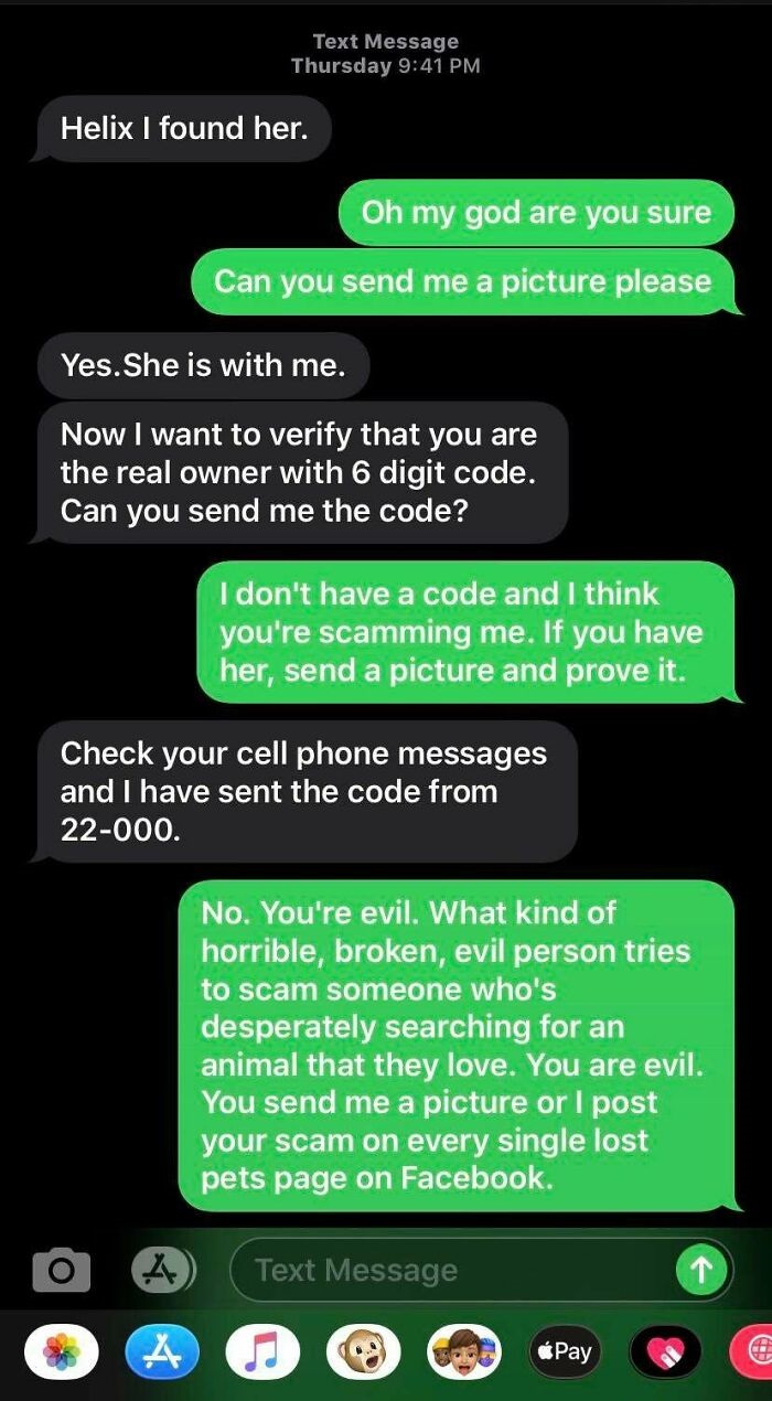 screenshot - Text Message Thursday Helix I found her. Oh my god are you sure Can you send me a picture please Yes. She is with me. Now I want to verify that you are the real owner with 6 digit code. Can you send me the code? I don't have a code and I thin