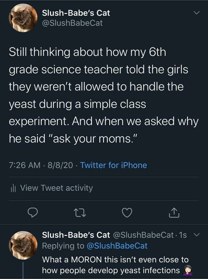 atmosphere - SlushBabe's Cat Still thinking about how my 6th grade science teacher told the girls they weren't allowed to handle the yeast during a simple class experiment. And when we asked why he said "ask your moms." 8820 Twitter for iPhone ill View Tw