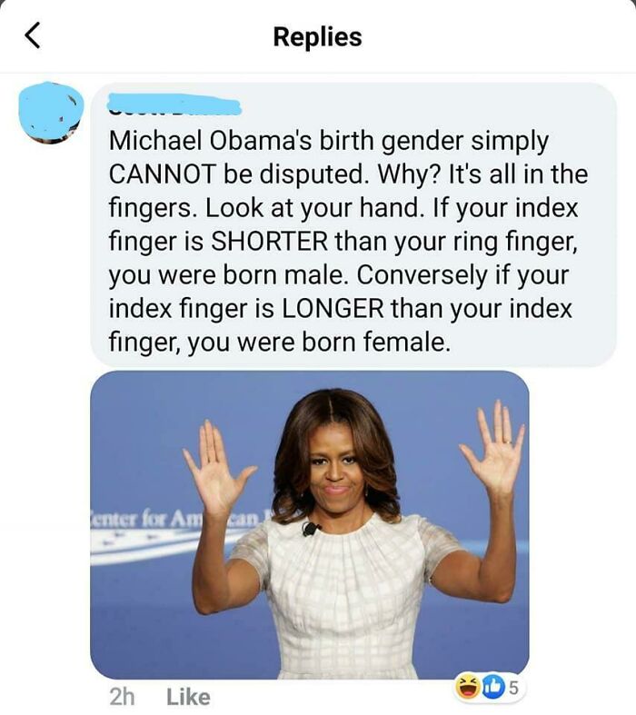 men with index fingers longer than ring fingers - Replies Michael Obama's birth gender simply Cannot be disputed. Why? It's all in the fingers. Look at your hand. If your index finger is Shorter than your ring finger, you were born male. Conversely if you