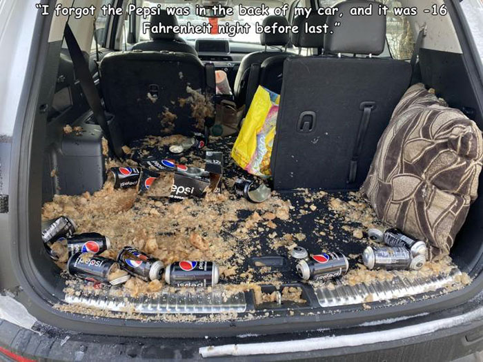 trunk - "I forgot the Pepsi was in the back of my car, and it was 16 Fahrenheit night before last." Posi 184 fo