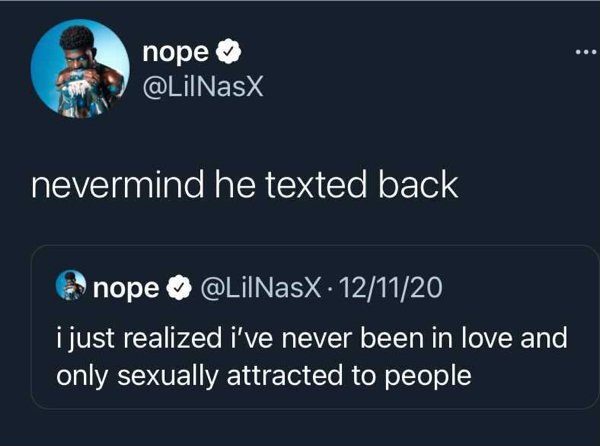 presentation - nope nevermind he texted back nope 121120 i just realized i've never been in love and only sexually attracted to people