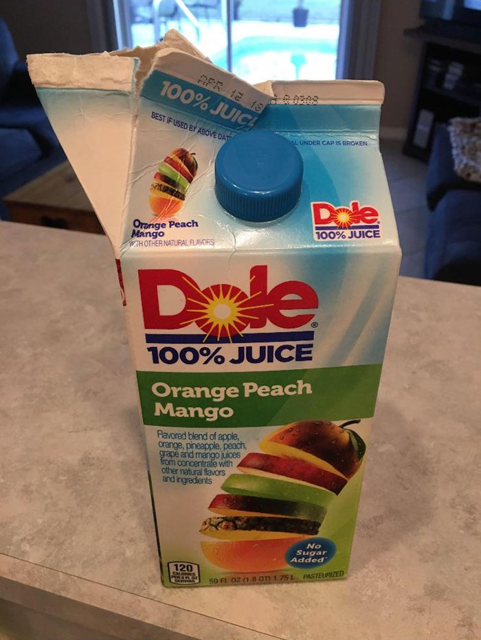 funny bad roommate pics - dole juice carton opened the wrong way