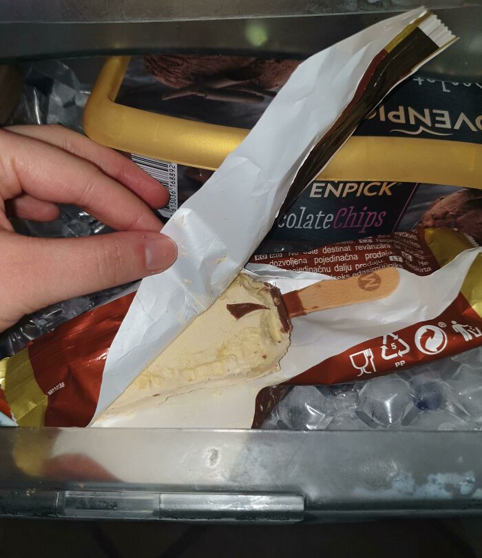 funny bad roommate pics - chocolate eaten from ice cream bar then put back in the freezer