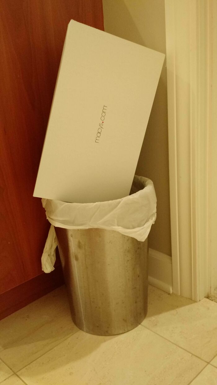 funny bad roommate pics - box thrown out in tiny trash can