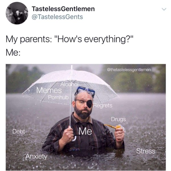 never rains but it pours meme - Tasteless Gentlemen My parents "How's everything?" Me Alcohol Memes Pornhub Regrets Drugs Debt Me Per 090 Stress Anxiety