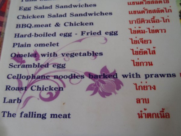 handwriting - Egg Salad Sandwiches Chicken Salad Sandwiches Bbq.meat & Chicken Hardboiled egg Fried egg Plain omelet Omelet with vegetables Scrambled egg Cellophane noodles barked with prawns Roast Chicken Larb The falling meat