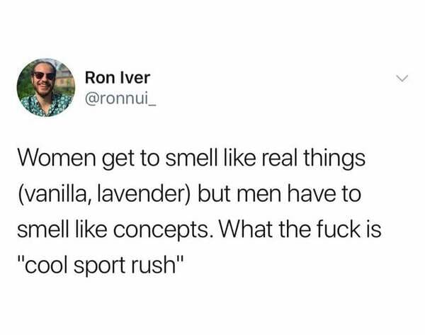 exposed brick meme - Ron Iver . Women get to smell real things vanilla, lavender but men have to smell concepts. What the fuck is "cool sport rush"