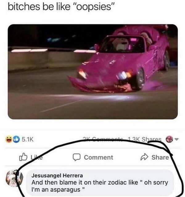 sorry i m an asparagus meme - bitches be "oopsies" OKConte 13K Comment Jesusangel Herrera And then blame it on their zodiac " oh sorry I'm an asparagus
