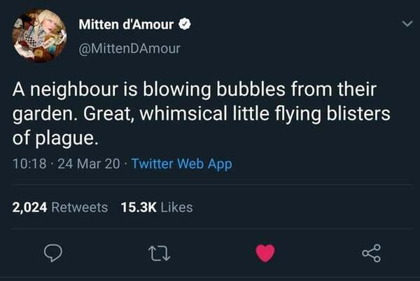one pic and she got her hoes back - Mitten d'Amour A neighbour is blowing bubbles from their garden. Great, whimsical little flying blisters of plague. 24 Mar 20 Twitter Web App 2,024