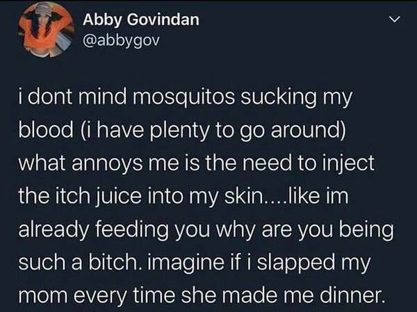 brexit joke tradition - Abby Govindan i dont mind mosquitos sucking my blood i have plenty to go around what annoys me is the need to inject the itch juice into my skin.... im already feeding you why are you being such a bitch. imagine if i slapped my mom