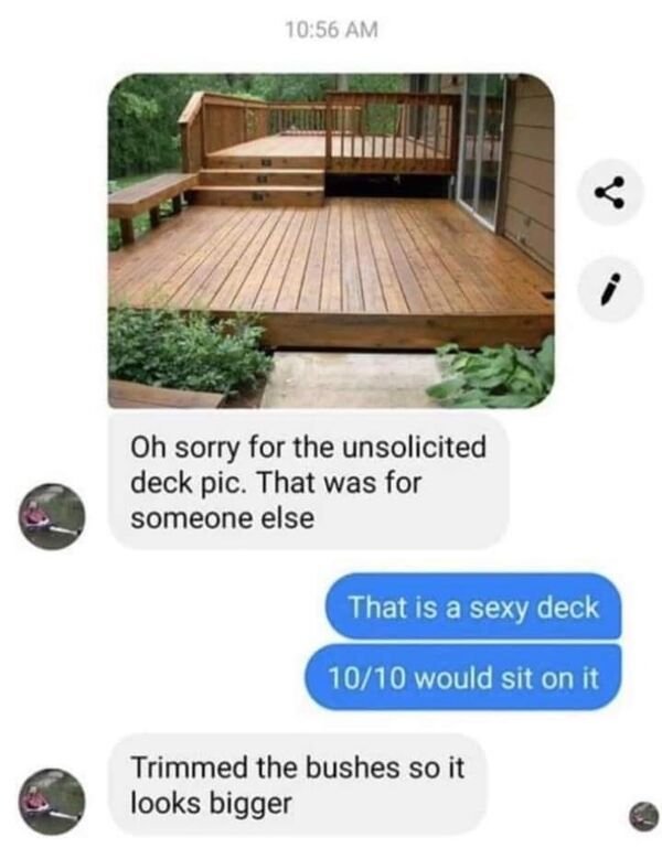 unsolicited deck pic meme - Oh sorry for the unsolicited deck pic. That was for someone else That is a sexy deck 1010 would sit on it Trimmed the bushes so it looks bigger