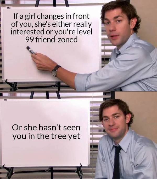 office quotes - If a girl changes in front of you, she's either really interested or you're level 99 friendzoned Or she hasn't seen you in the tree yet