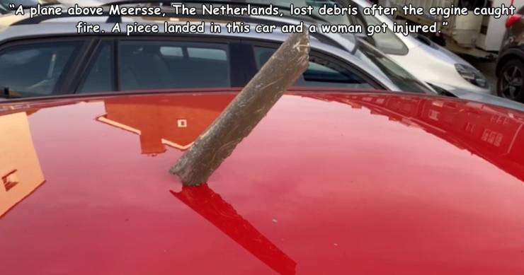 windshield - A plane above Meersse, The Netherlands, lost debris after the engine caught fire. A piece landed in this car and a woman got injured." D