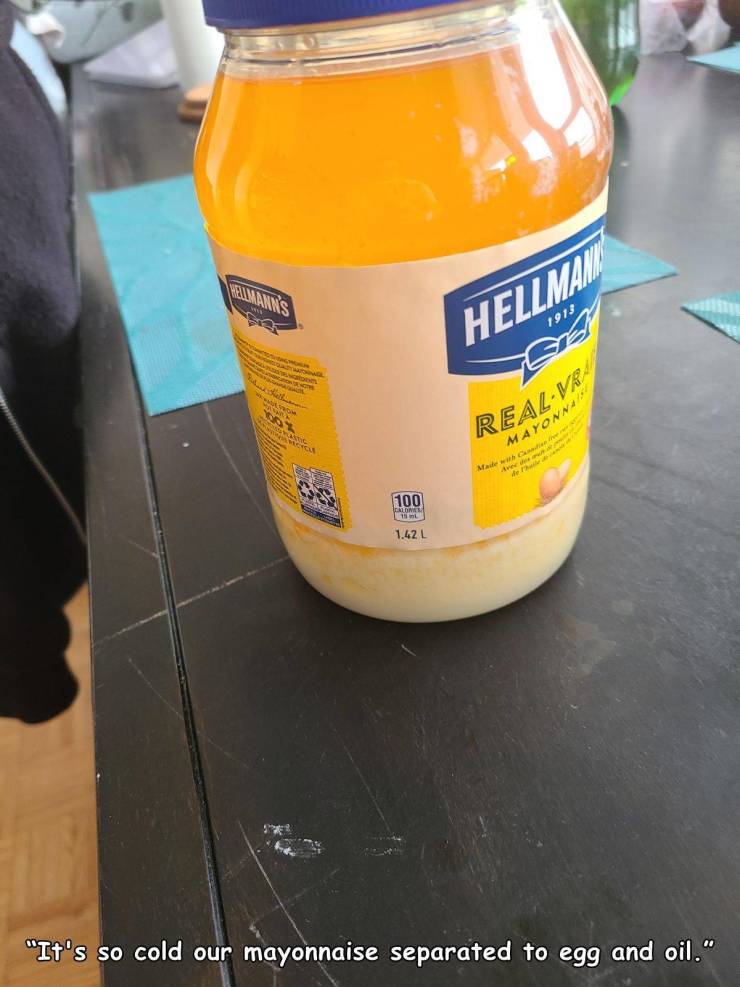 juice - Arailer Wallmans 1913 Hellmami Ol RealVr Mayonn" 100 1.42 L "It's so cold our mayonnaise separated to egg and oil."