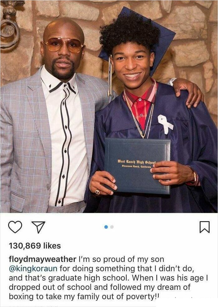 humble brags - mayweather son - Best Ranch High School teses. Call W 130,869 floydmayweather I'm so proud of my son for doing something that I didn't do, and that's graduate high school. When I was his age 1 dropped out of school and ed my dream of boxing
